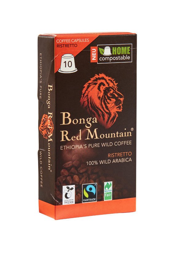 Bonga Red Mountain, heimkompostierbare Kapseln, RISTRETTO, bio und fair, 10 Kapseln à 5,5g