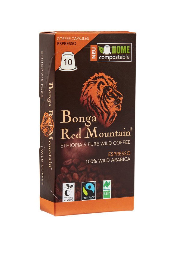 Bonga Red Mountain, heimkompostierbare Kapseln, ESPRESSO, bio und fair, 10 Kapseln à 5,5g
