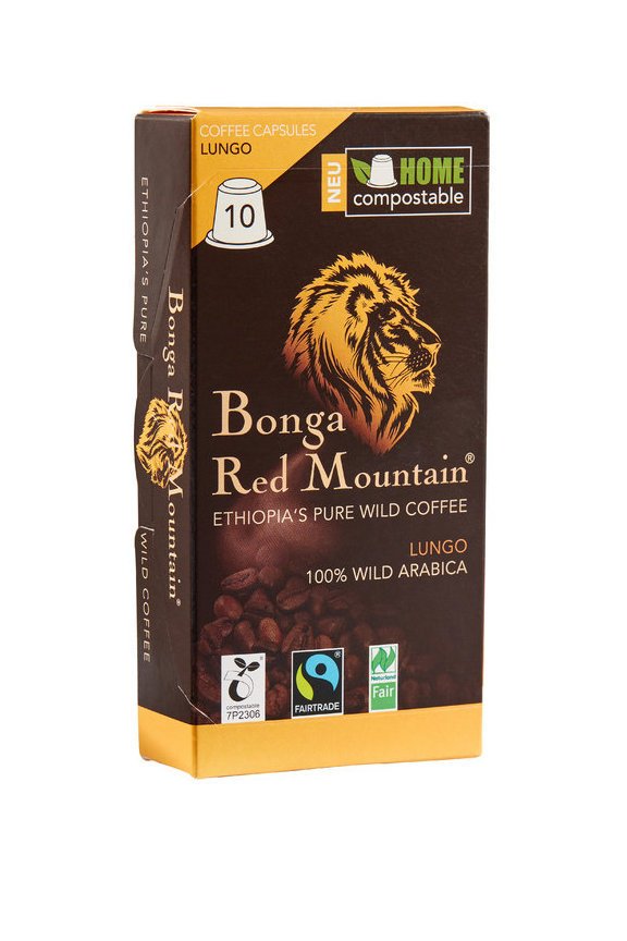 Bonga Red Mountain, heimkompostierbare Kapseln, LUNGO, bio und fair, 10 Kapseln à 5,5g